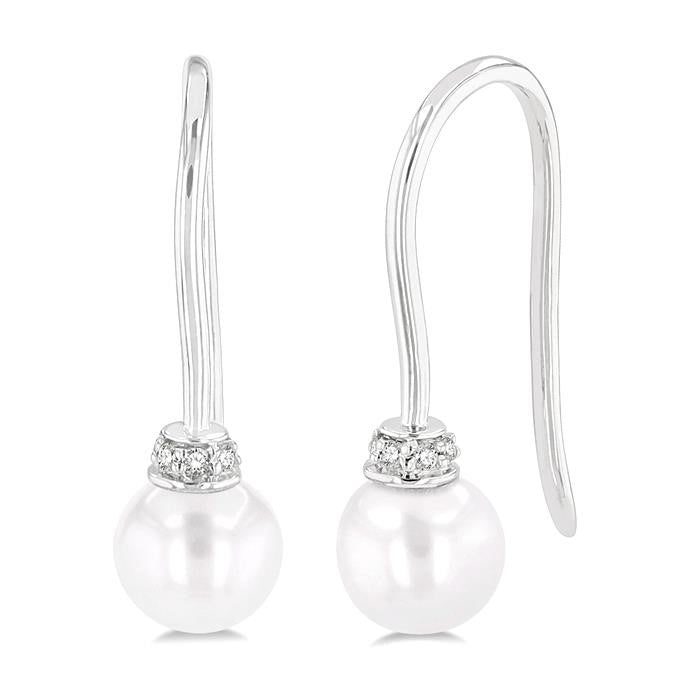 5.5 MM Round Shape Cultured Pearls and 1/20 Ctw Round Cut Diamond Petite Fashion Earrings in 10K White Gold