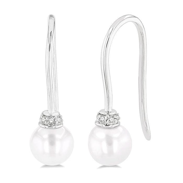 5.5 MM Round Shape Cultured Pearls and 1/20 Ctw Round Cut Diamond Petite Fashion Earrings in 10K White Gold