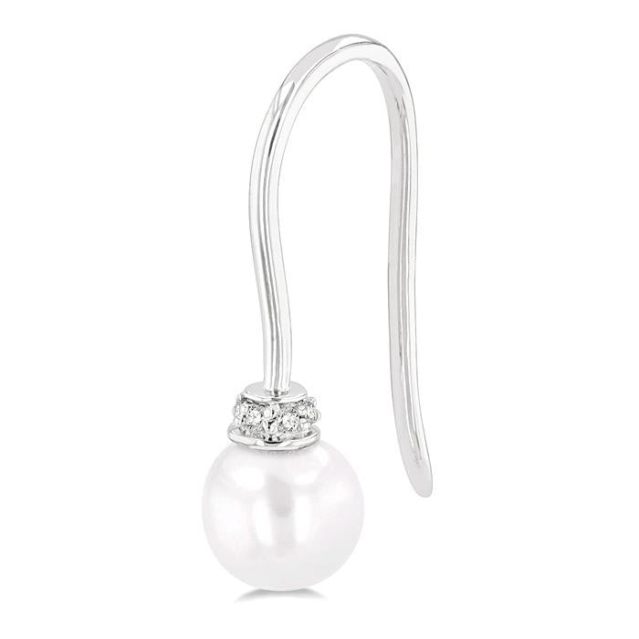 5.5 MM Round Shape Cultured Pearls and 1/20 Ctw Round Cut Diamond Petite Fashion Earrings in 10K White Gold
