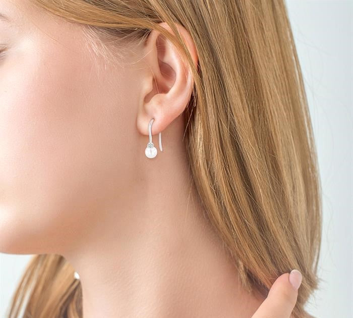5.5 MM Round Shape Cultured Pearls and 1/20 Ctw Round Cut Diamond Petite Fashion Earrings in 10K White Gold