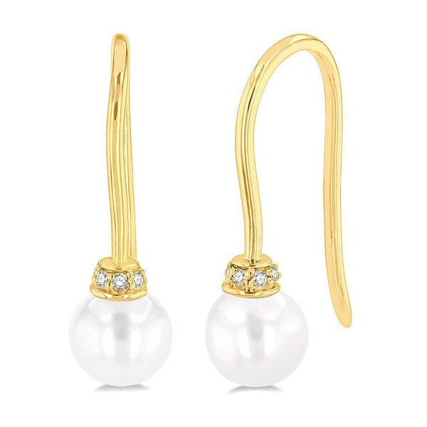 5.5 MM Round Shape Cultured Pearls and 1/20 Ctw Round Cut Diamond Petite Fashion Earrings in 10K Yellow Gold