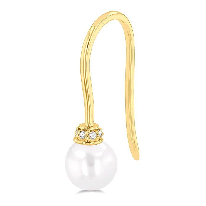5.5 MM Round Shape Cultured Pearls and 1/20 Ctw Round Cut Diamond Petite Fashion Earrings in 10K Yellow Gold