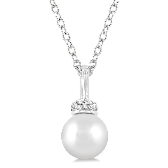6 MM Round Shape Cultured Pearl and 1/20 Ctw Petite Round Cut Diamond Crown Fashion Pendant With Chain in 10K White Gold