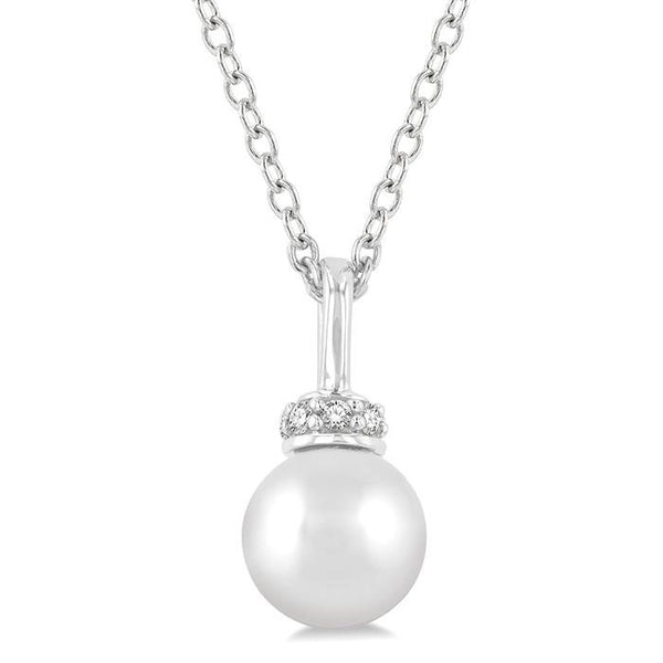 6 MM Round Shape Cultured Pearl and 1/20 Ctw Petite Round Cut Diamond Crown Fashion Pendant With Chain in 10K White Gold