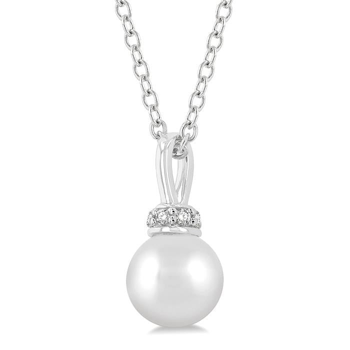 6 MM Round Shape Cultured Pearl and 1/20 Ctw Petite Round Cut Diamond Crown Fashion Pendant With Chain in 10K White Gold