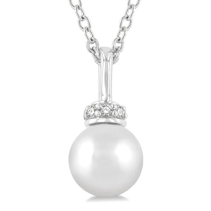 6 MM Round Shape Cultured Pearl and 1/20 Ctw Petite Round Cut Diamond Crown Fashion Pendant With Chain in 10K White Gold
