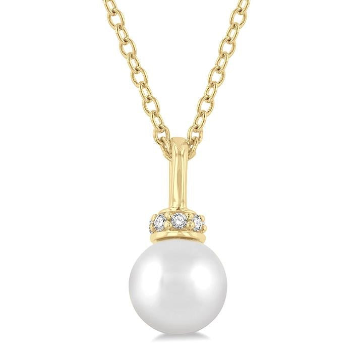 6 MM Round Shape Cultured Pearl and 1/20 Ctw Petite Round Cut Diamond Crown Fashion Pendant With Chain in 10K Yellow Gold