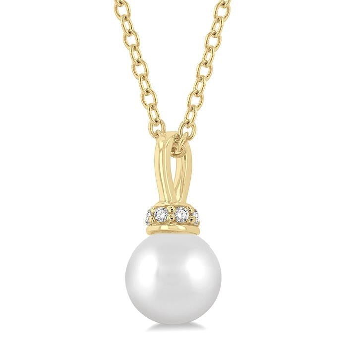 6 MM Round Shape Cultured Pearl and 1/20 Ctw Petite Round Cut Diamond Crown Fashion Pendant With Chain in 10K Yellow Gold
