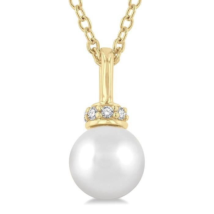 6 MM Round Shape Cultured Pearl and 1/20 Ctw Petite Round Cut Diamond Crown Fashion Pendant With Chain in 10K Yellow Gold