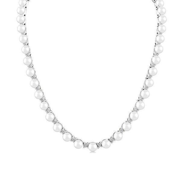 5 MM Cultured Pearl and 1 1/4 Ctw Round Cut Diamond Floral Fashion Necklace in 14K White Gold