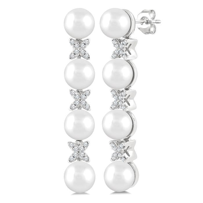 5 MM Cultured Pearl and 1/6 Ctw Round Cut Diamond Floral Fashion Earrings in 14K White Gold