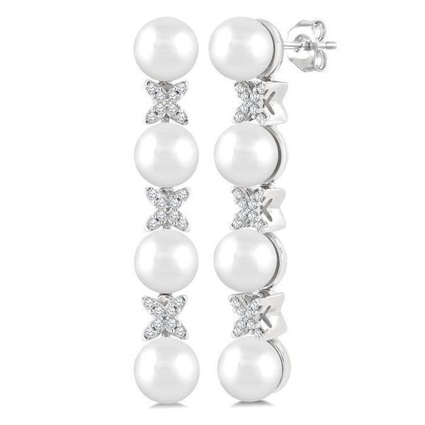5 MM Cultured Pearl and 1/6 Ctw Round Cut Diamond Floral Fashion Earrings in 14K White Gold