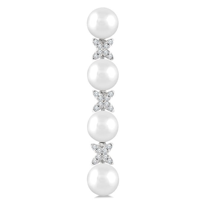5 MM Cultured Pearl and 1/6 Ctw Round Cut Diamond Floral Fashion Earrings in 14K White Gold