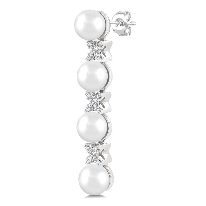 5 MM Cultured Pearl and 1/6 Ctw Round Cut Diamond Floral Fashion Earrings in 14K White Gold