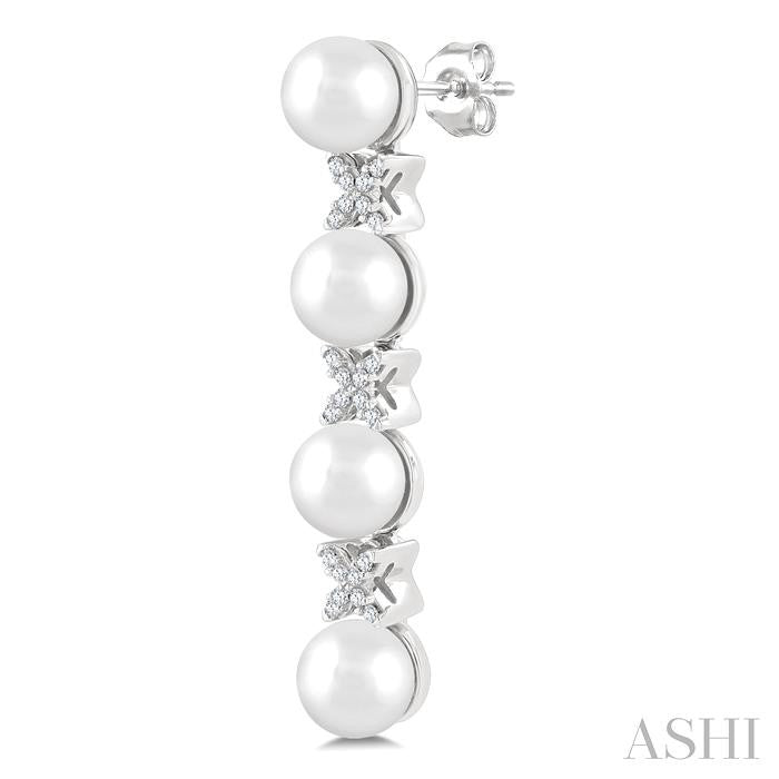 5 MM Cultured Pearl and 1/6 Ctw Round Cut Diamond Floral Fashion Earrings in 14K White Gold