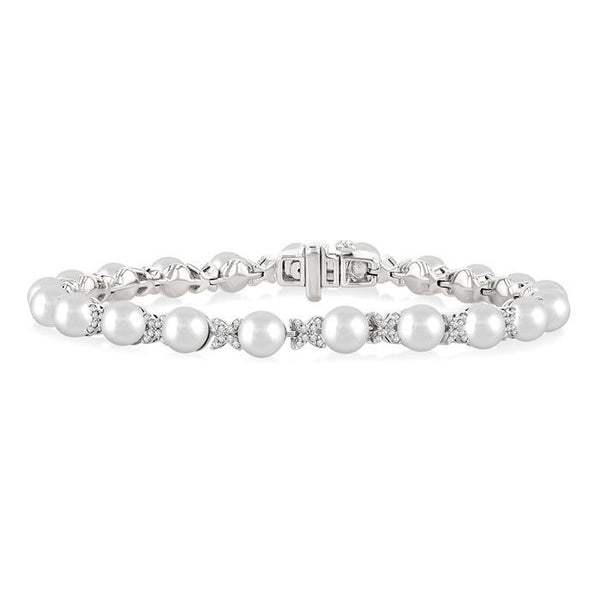 5 MM Cultured Pearl and 1/2 Ctw Round Cut Diamond Floral Fashion Bracelet in 14K White Gold