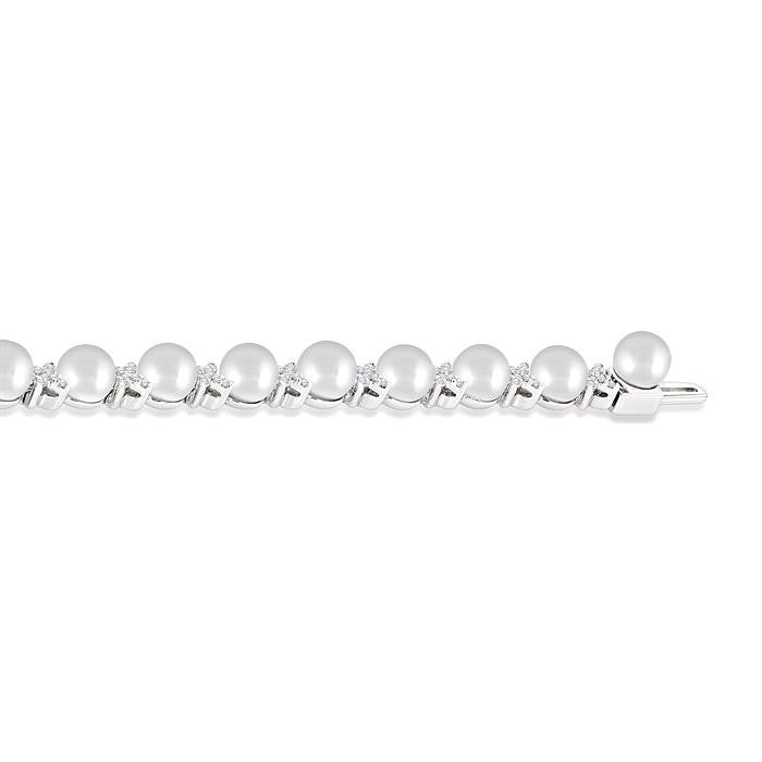 5 MM Cultured Pearl and 1/2 Ctw Round Cut Diamond Floral Fashion Bracelet in 14K White Gold