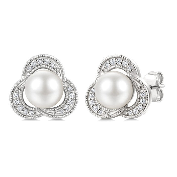 6 MM White Cultured Pearl and 1/10 Ctw Round Cut Diamond Earrings in 10K White Gold