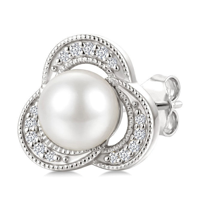 6 MM White Cultured Pearl and 1/10 Ctw Round Cut Diamond Earrings in 10K White Gold