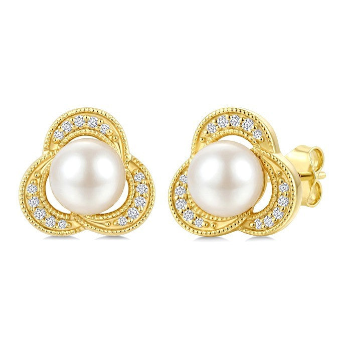 6 MM White Cultured Pearl and 1/10 Ctw Round Cut Diamond Earrings in 10K Yellow Gold