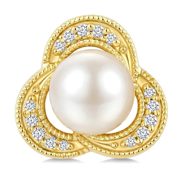 6 MM White Cultured Pearl and 1/10 Ctw Round Cut Diamond Earrings in 10K Yellow Gold