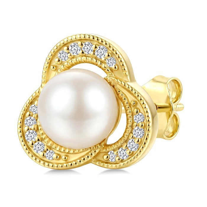 6 MM White Cultured Pearl and 1/10 Ctw Round Cut Diamond Earrings in 10K Yellow Gold