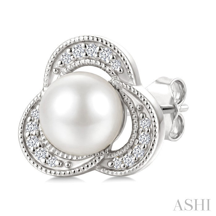 6 MM White Cultured Pearl and 1/10 Ctw Round Cut Diamond Earrings in 10K White Gold