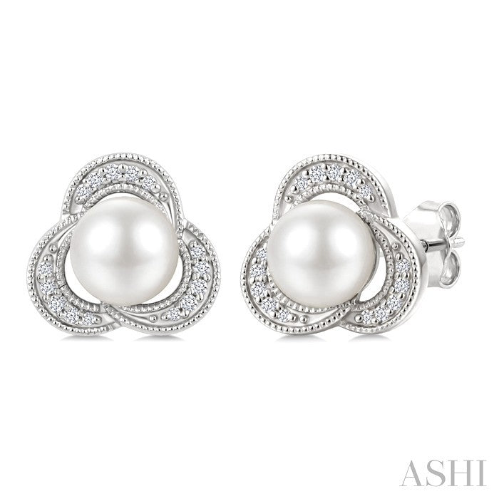 6 MM White Cultured Pearl and 1/10 Ctw Round Cut Diamond Earrings in 10K White Gold