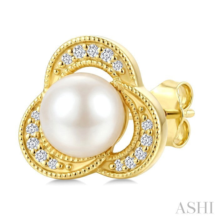 6 MM White Cultured Pearl and 1/10 Ctw Round Cut Diamond Earrings in 10K Yellow Gold