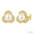 6 MM White Cultured Pearl and 1/10 Ctw Round Cut Diamond Earrings in 10K Yellow Gold