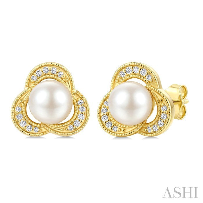 6 MM White Cultured Pearl and 1/10 Ctw Round Cut Diamond Earrings in 10K Yellow Gold