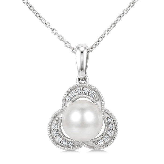 7 MM White Cultured Pearl and 1/20 Ctw Round Cut Diamond Fashion Pendant With Chain in 10K White Gold