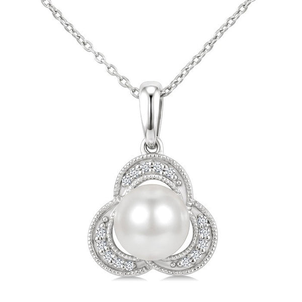 7 MM White Cultured Pearl and 1/20 Ctw Round Cut Diamond Fashion Pendant With Chain in 10K White Gold