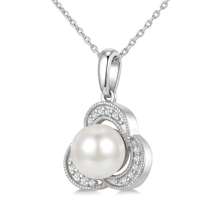 7 MM White Cultured Pearl and 1/20 Ctw Round Cut Diamond Fashion Pendant With Chain in 10K White Gold
