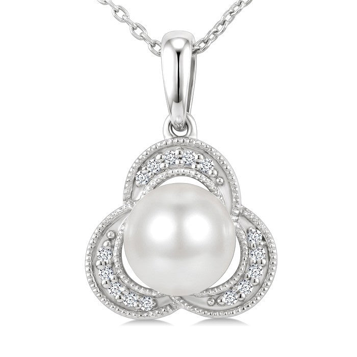 7 MM White Cultured Pearl and 1/20 Ctw Round Cut Diamond Fashion Pendant With Chain in 10K White Gold