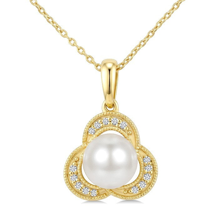 7 MM White Cultured Pearl and 1/20 Ctw Round Cut Diamond Fashion Pendant With Chain in 10K Yellow Gold