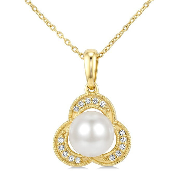 7 MM White Cultured Pearl and 1/20 Ctw Round Cut Diamond Fashion Pendant With Chain in 10K Yellow Gold