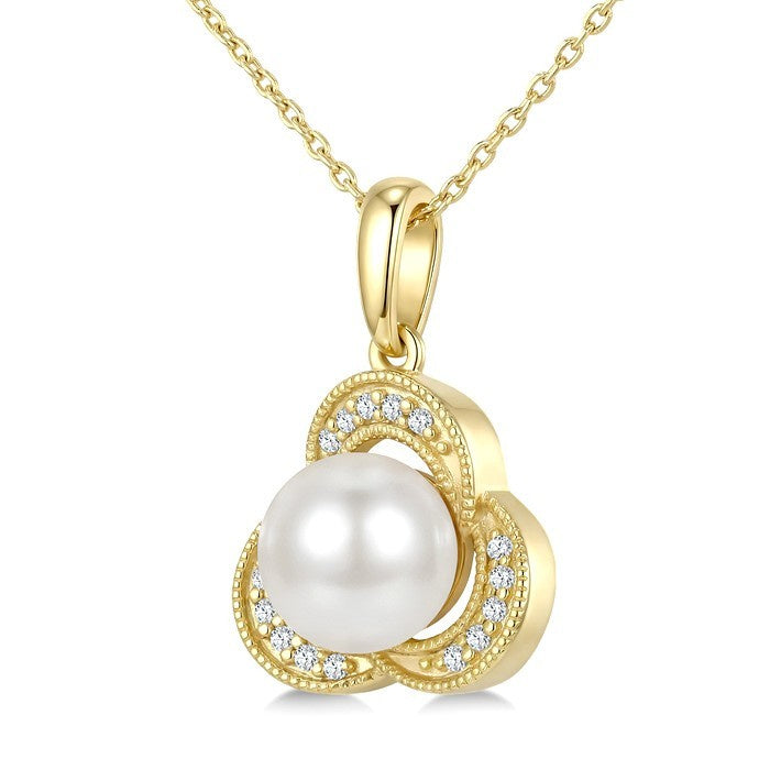 7 MM White Cultured Pearl and 1/20 Ctw Round Cut Diamond Fashion Pendant With Chain in 10K Yellow Gold