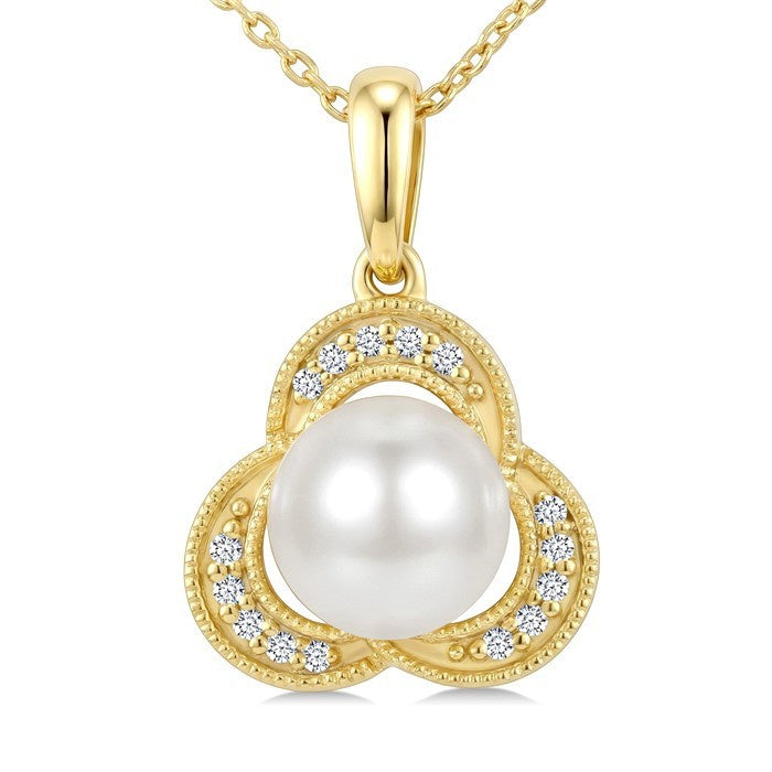 7 MM White Cultured Pearl and 1/20 Ctw Round Cut Diamond Fashion Pendant With Chain in 10K Yellow Gold