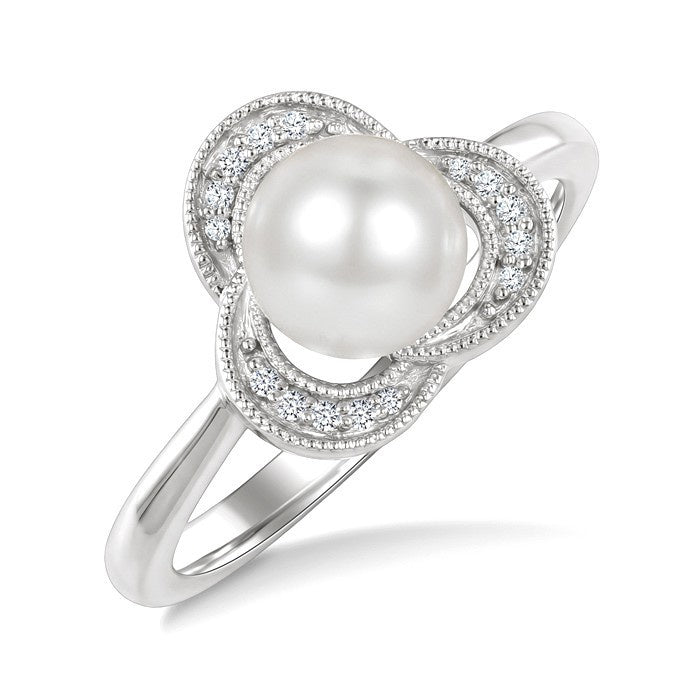 7 MM White Cultured Pearl and 1/20 Ctw Round Cut Diamond Fashion Ring in 10K White Gold
