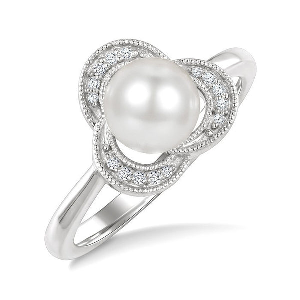 7 MM White Cultured Pearl and 1/20 Ctw Round Cut Diamond Fashion Ring in 10K White Gold