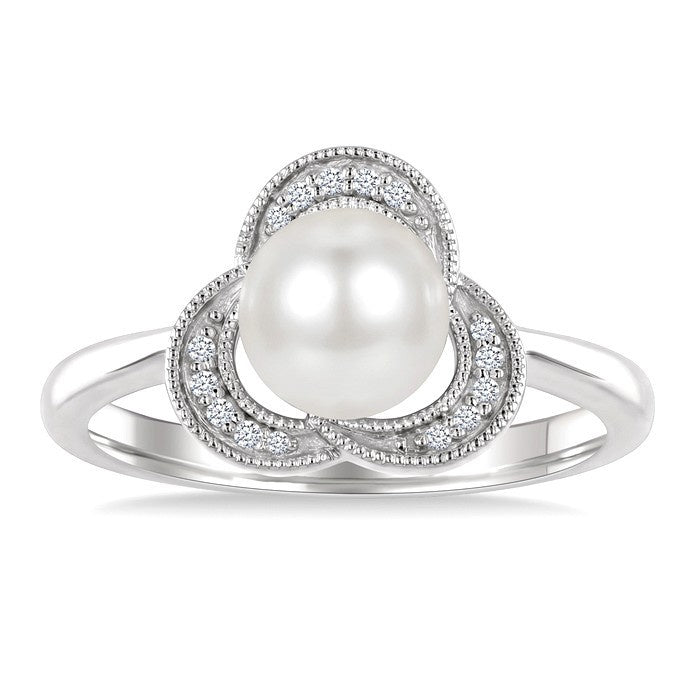 7 MM White Cultured Pearl and 1/20 Ctw Round Cut Diamond Fashion Ring in 10K White Gold
