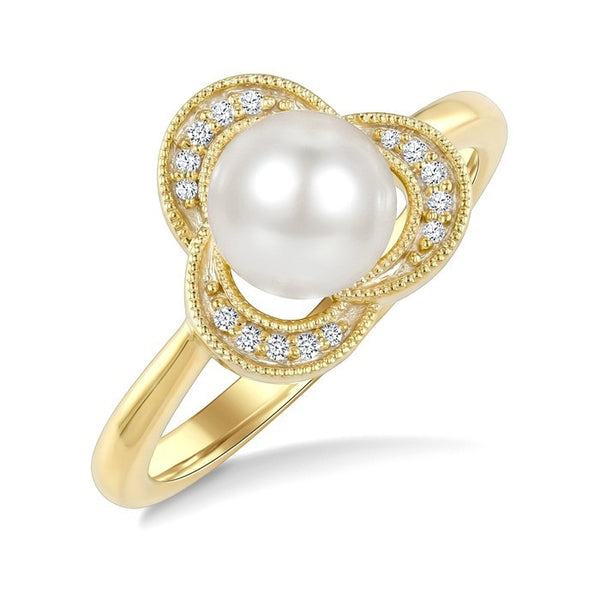 7 MM White Cultured Pearl and 1/20 Ctw Round Cut Diamond Fashion Ring in 10K Yellow Gold