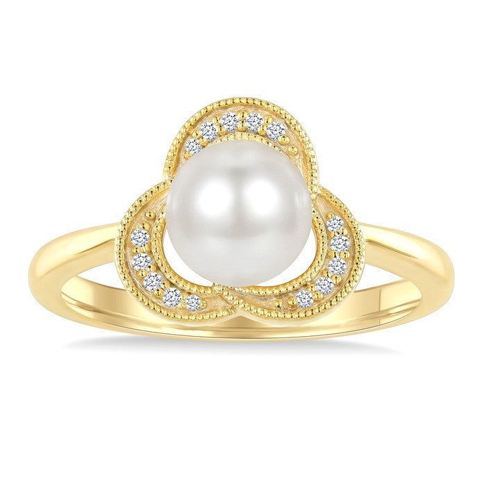 7 MM White Cultured Pearl and 1/20 Ctw Round Cut Diamond Fashion Ring in 10K Yellow Gold