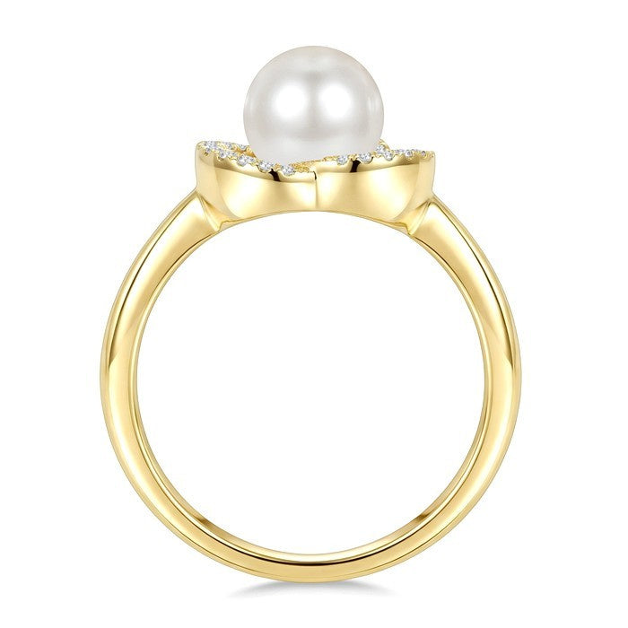 7 MM White Cultured Pearl and 1/20 Ctw Round Cut Diamond Fashion Ring in 10K Yellow Gold