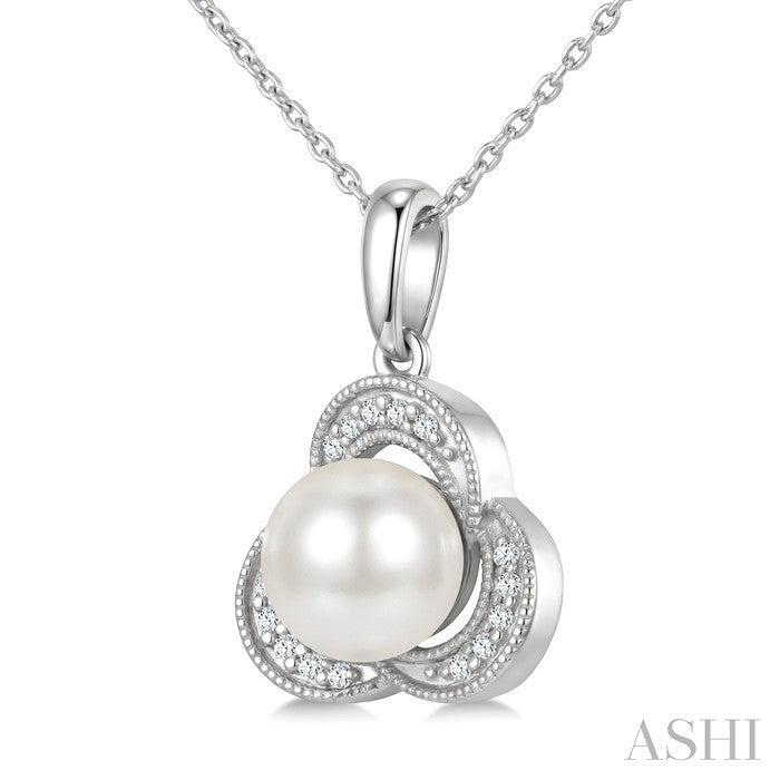 7 MM White Cultured Pearl and 1/20 Ctw Round Cut Diamond Fashion Pendant With Chain in 10K White Gold