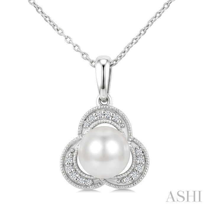 7 MM White Cultured Pearl and 1/20 Ctw Round Cut Diamond Fashion Pendant With Chain in 10K White Gold
