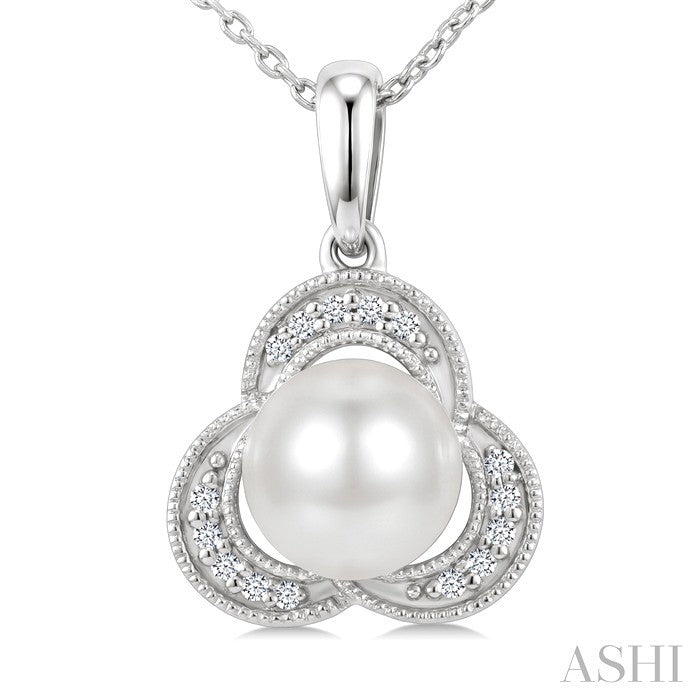 7 MM White Cultured Pearl and 1/20 Ctw Round Cut Diamond Fashion Pendant With Chain in 10K White Gold