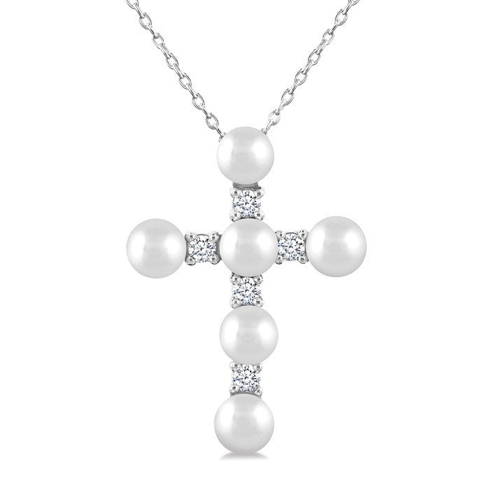 4 MM Cross Cultured Pearl and 1/6 Ctw Round Cut Diamond Fashion Pendant With Chain in 10K White Gold