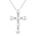 4 MM Cross Cultured Pearl and 1/6 Ctw Round Cut Diamond Fashion Pendant With Chain in 10K White Gold